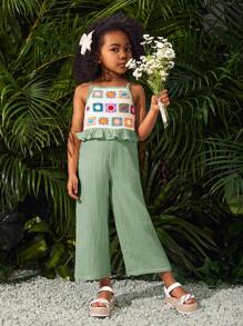 SHEIN Jumpsuit für Kleine Mädchen, handgewebtes Farbblock Crochet Tape ärmelloses lockeres Lässig kleid