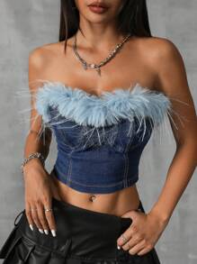 SHEIN BAE 毛茸茸邊緣牛仔布管狀上衣，派對必備 - 深色水洗藍 - 查看 5