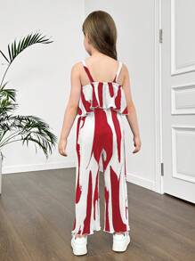 SHEIN Young Girl Wide Strap Asymmetric Pattern Jumpsuit With Ruffled Fabric - Red - View 2