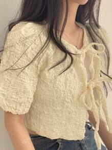 2025 Spring/Summer Girly Solid Color Cropped Tie-Up Cardigan