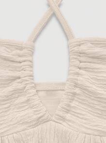 SHEIN Unity Hollow Out Pleated Cake Hem Dress With Back Neck Tie, Casual Vacation Style - Apricot - View 4