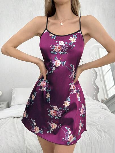 LuxeNights Bloemen Printed Zijden Like Camisole Sleep Pajama Dress Luxe Loungewear view 6
