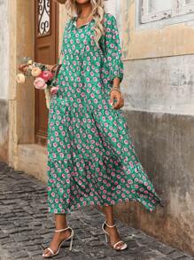 SHEIN LUNE Women Summer Long Bubble Sleeve Dress With Rose Print - Green - View 4