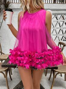 Breezaya Ärmellose Swing-Bluse mit rundem Ausschnitt, Mesh und floraler Applikation - Pink - Übersicht 3