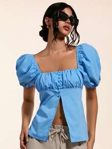 Forever 21 夏季、秋季和冬季女士蓝色可爱/学院风/基本款/紧身/外出/娃娃装/返校/合身/休闲风格衬衫/泡泡袖上衣 - 藍色 - 查看 6