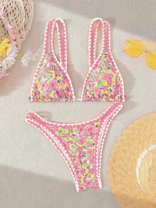 Swim Mod Set Bikini Wanita Musim Panas Motif Bunga dengan Tali untuk Liburan di Pantai - MultiWarna - View 1