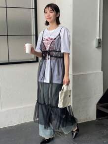 FRIFUL Women's Spaghetti Strap See-Through Mesh Dress With Front Tie,Casual Women Dresses - Black - View 5