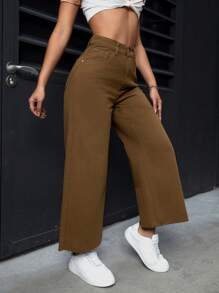 Women's Wide Leg Cropped Denim Pants - Brown - View 3