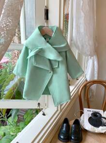 New Baby Girls' Woolen Coat Design With Scarf, Comfortable Green Plaid Slouchy Jacket Matched With Wrap Shawl, Elegant And High-Quality Outfit For Autumn And Winter - Green - View 6