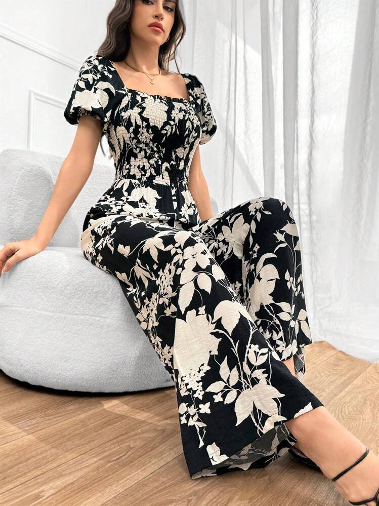 Mulvari Women's Random Printed Square Neck Puff Sleeve Jumpsuit - Black and White - View 1