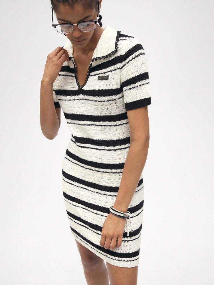 SHEIN Maija Vestito Maglione colletto a righe bianco e nero a mezza patella manica corta per donne