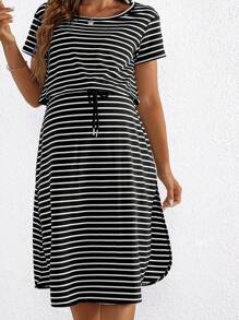 SHEIN Maternity Summer Round Neck Short Sleeve Striped Waist-Tied Casual Nursing Dress - Black and White - View 9