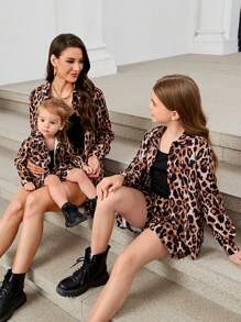 SHEIN Essnce Women's Summer Or Fall OutfitsLeopard Print Long Sleeve Button Up Shirt And Stylish Loose Casual Shorts, 2pcs/Set Button Down Shirt  - Mommy And Me Matching Outfits (Sold Separately) - Multicolor - View 13