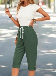 EMERY ROSE Pantalones capri de tela texturizada y bolsillos con cintura de cordón casual y frescos para mujer en verano - Verde Oscuro - Ver 5