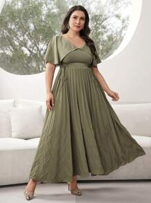 Modelyn Plus Size Women's Solid Color V-Neck Ruffled Short Sleeve Waist Tie Elegant Dress, Summer - Olive Green - View 4