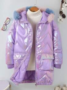 Tween Girls Colorful Diamond Checkered Hooded Mid-Length Dress, With Fluffy Collar And Pockets - Purple - View 1