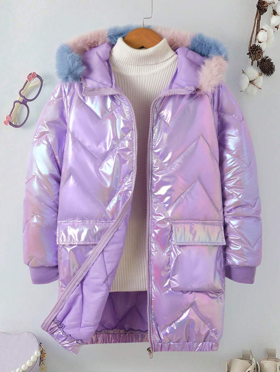 Tween Girls Colorful Diamond Checkered Hooded Mid-Length Dress, With Fluffy Collar And Pockets - Purple - View 1