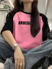Camiseta casual de verano con mangas raglán, bloque de color y estampado de letras para mujer, color rosa - Rosa - Ver 3