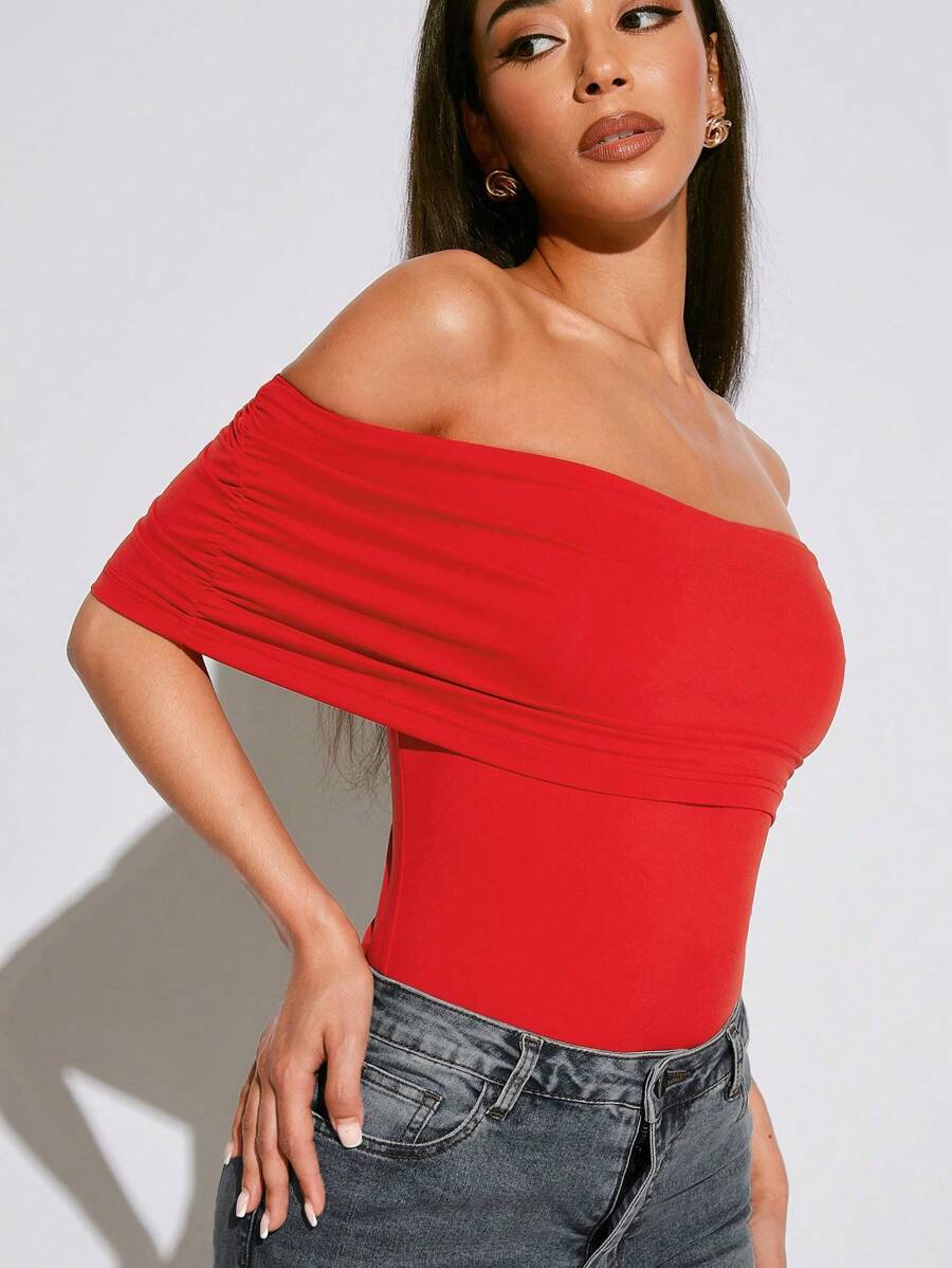 SHEIN SXY Autumn Women's Red Clothing Tight-Fitting Off Shoulder Top - Red - View 1