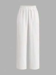 SHEIN Essnce 女用繫帶腰燈籠袖上衣高腰寬鬆褲兩件套2024春季休閒裝 - 白色 - 查看 5