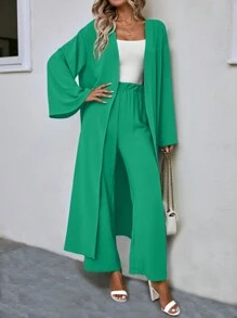 SHEIN LUNE Trumpet Sleeve Open Front Coat & Wide Leg Pants - Cadet Blue - View 6