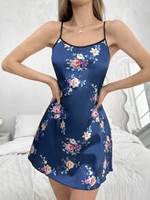 Women Floral Print Satin Cami Pajama Nightdress