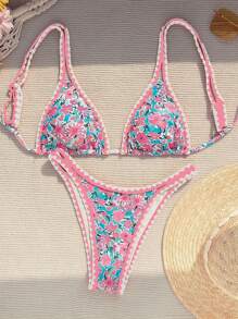 Swim Mod Set Bikini Pantai Musim Panas Wanita Motif Bunga dengan Hiasan Bunga dan Cetakan Seksi, Motif Acak - MultiWarna - View 6