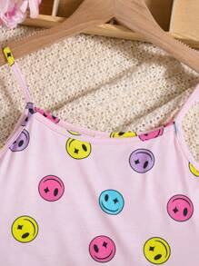 SHEIN 少女夏季可愛微笑臉紋織防火睡衣套裝，附有背心和短褲 - 黑與白 - 查看 7