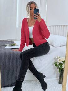 SHEIN LUNE Drop Shoulder Pocket Patched Open Front Crop Cardigan - Hot Pink - View 6