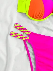 Swim Vcay Conjunto de bikini sexy para mujeres con correa halter para playa de verano, con bloque de color y estampado aleatorio - Multicolor - Ver 5