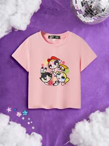 THE POWERPUFF GIRLS X SHEIN เสื้อยืดแขนสั้นลายลำลองสำหรับเด็กผู้หญิง เหมาะสำหรับฤดูร้อน - สีชมพูพาสเทล - ดู 8