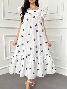 Mulvari Floral Print Square Neck Butterfly Sleeve Dress - Purple - View 5