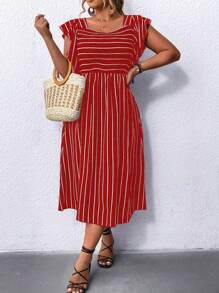 SHEIN LUNE Plus Striped Print Ruffle Trim Dress - Red - View 7