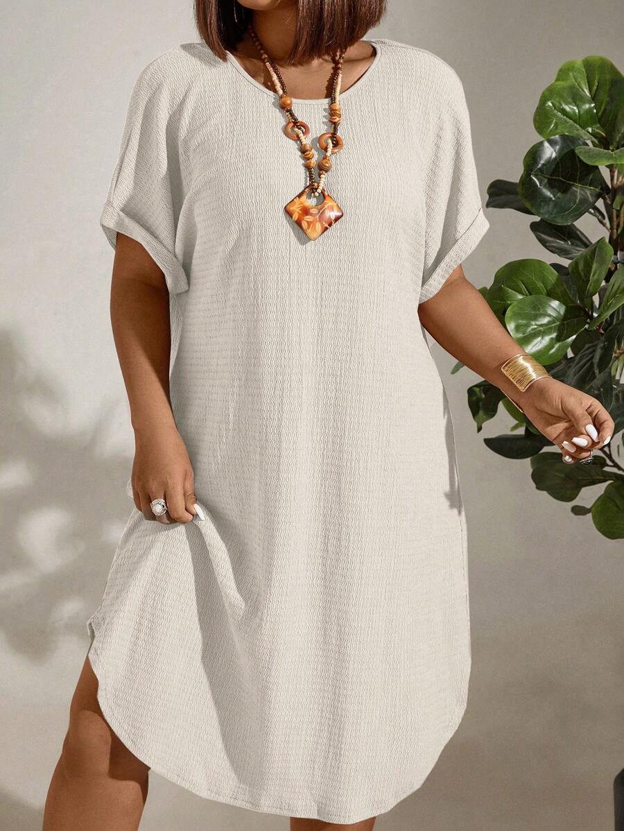 EMERY ROSE Plus Solid Batwing Sleeve Curved Hem Dress - Beige - View 1