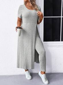 SHEIN LUNE Plus Size Women Solid Color Simple Daily Short Sleeve Top & Long Pants Set - Grey - View 8
