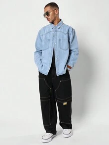 SUMWON 带 PU 贴片袖口的西部牛仔衬衫 - 藍色 - 查看 5