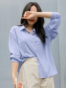 DAZY Solid Button Front Drop Shoulder Casual Shirt In Women,Fall Women Clothes Long Sleeve Top - Blue - View 3