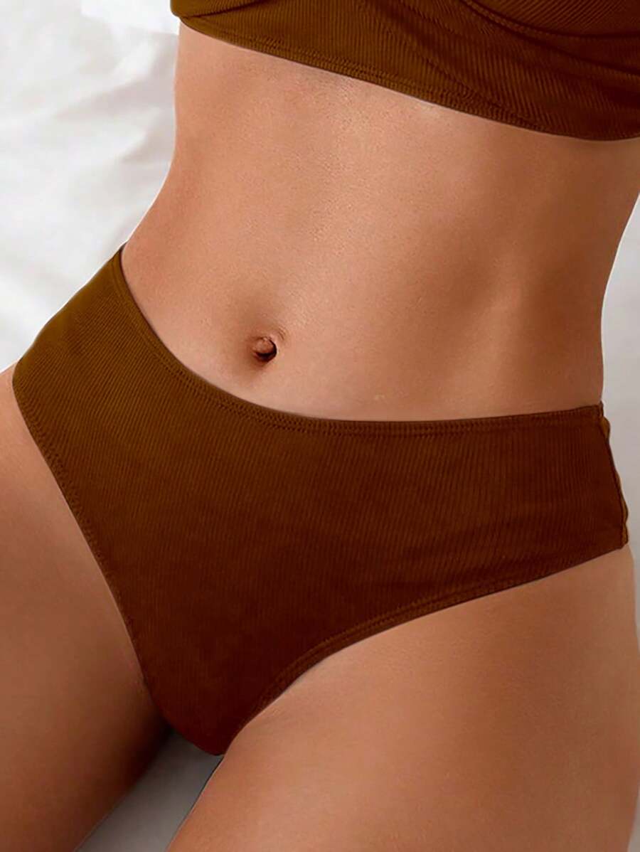 SHEIN Swim 女士纯色棕色简约日常泳装比基尼泳裤夏季 - 棕色 - 查看 1