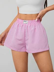 SHEIN PETITE 女士粉白條紋腰帶字母裝飾彈性腰短褲 - 粉色 - 查看 6