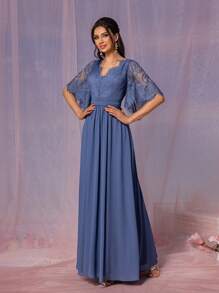 SHEIN Belle 優雅女士深藍色蕾絲拼接雪紡面料深V領擴腳鈴袖腰部褶皺後背V形A字裙，適合婚禮，音樂節，返校季，標準尺寸伴娘裙