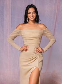 SHEIN Belle Women's Elegant Khaki Stretch Korean Net Silver Silk Fabric Off Shoulder Long Sleeve Tube Top Gathered Fit High Slit To The Thigh A-Line Hem Suitable For Wedding Events Formal Bridesmaid Dress