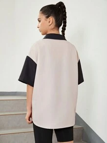 SHEIN Teen Girl's Contrast Color English Printed Pattern Turn-Down Collar Casual Shirt