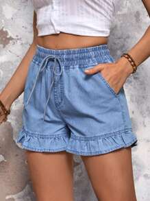 SHEIN LUNE Drawstring Waist Ruffle Hem Denim Shorts