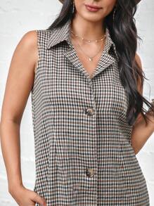 SHEIN LUNE Autumn Vintage Casual Street Style Long Plaid Vest Women's Trench Coat Outerwear - Khaki - View 5