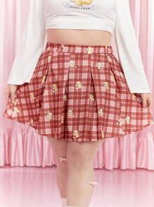 CARDCAPTOR SAKURA | SHEIN Plus Size Autumn Cute Casual Sweet School Style Red Plaid Cartoon Print Pleated Loose A-Line Skirt