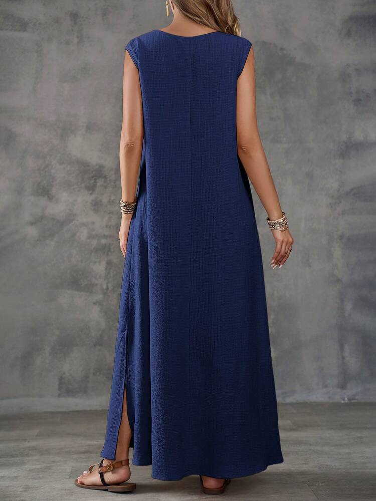 Khaki Textured Fabric V-Neck Sleeveless Slit Women's Dress