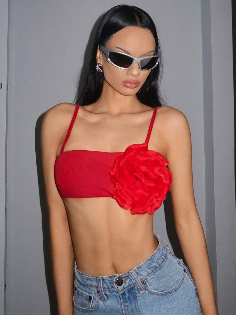SHEIN Unity Stereo Flower Crop Cami Top - Red - View 1