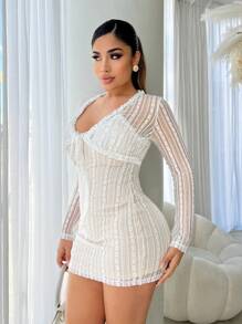 SHEIN SXY Conjunto de vestido elegante de encaje sexy con cárdigan 2 piezas - Blanco - Ver 3