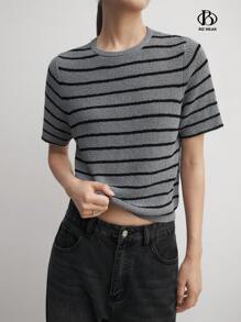 Women's Knitted Short Sleeve Top, Apricot & Black Stripes Business Casual Women