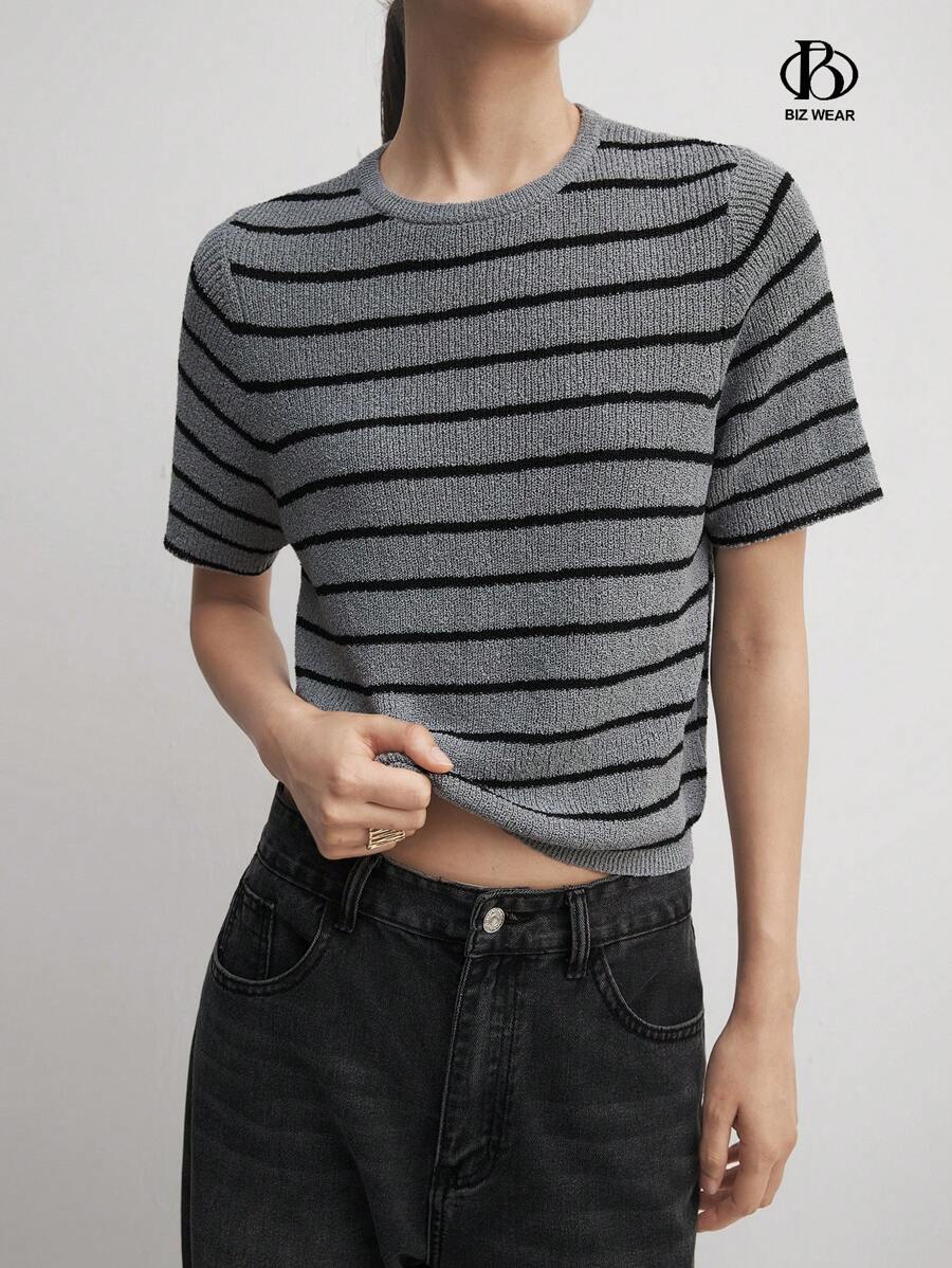 Women's Knitted Short Sleeve Top, Apricot & Black Stripes Business Casual Women